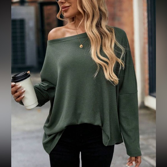 Solid Off Shoulder Loose Fit Waffle Long Sleeve Top - Picture 3 of 8